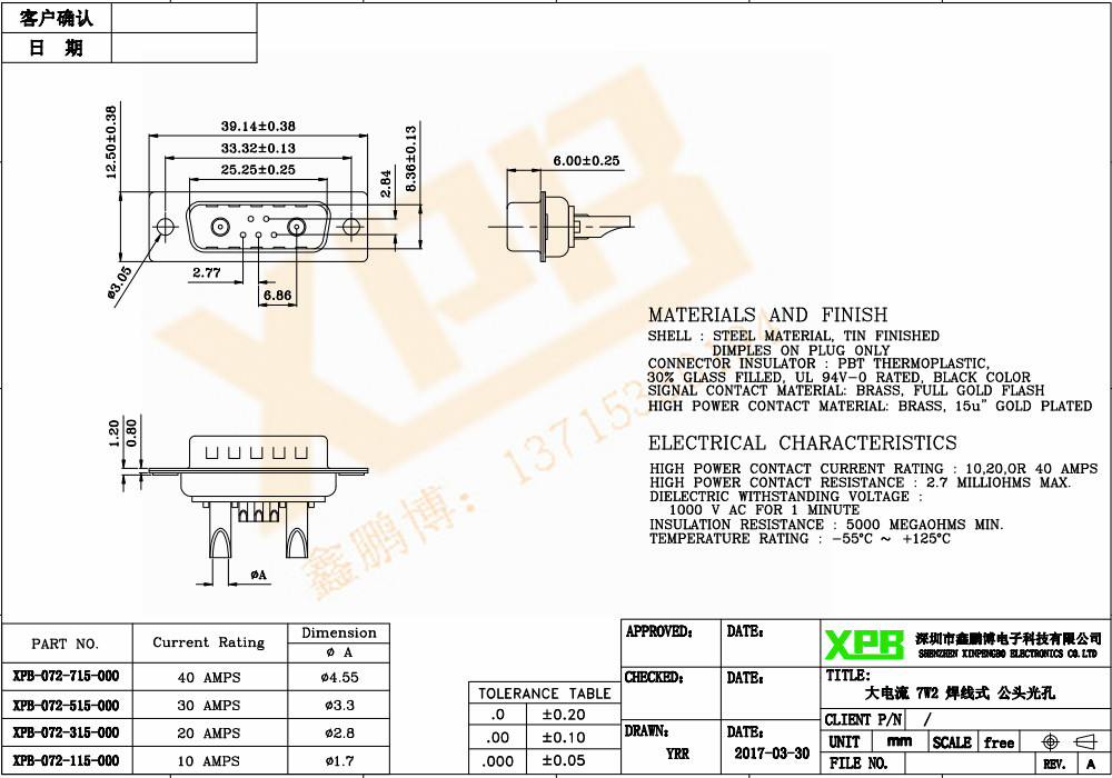 大電流 7W2 焊線(xiàn)式 公頭光孔連接器規(guī)格書(shū)